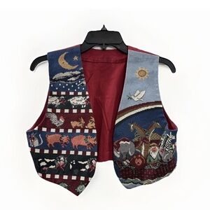 VTG 90s‎ Noah's Ark Tapestry Holiday Vest Womens XS/S Handmade Christian Animals